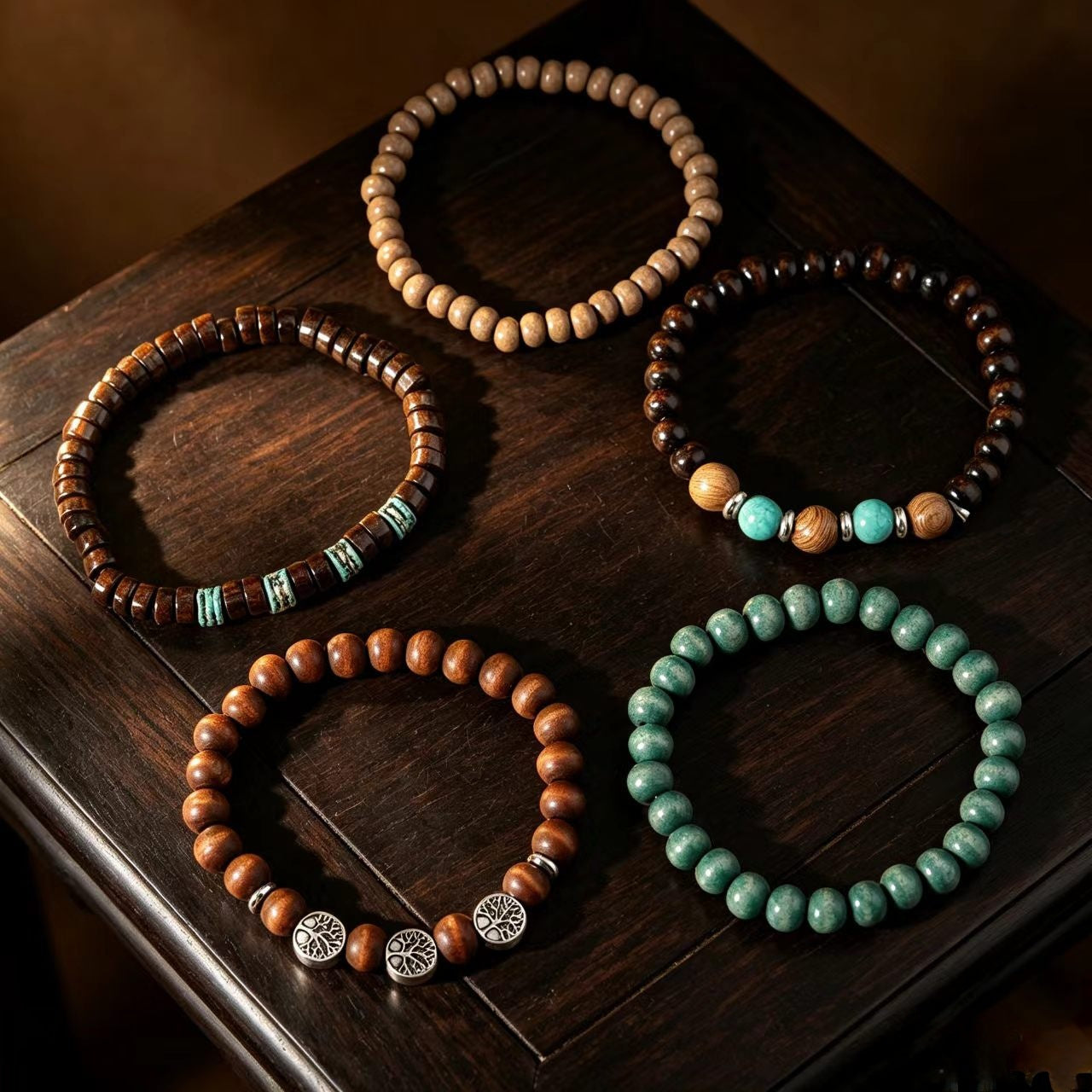 Wholesale 5 Piece Men S Tree Of Life Wood Bead Bracelet Set Elastic Fashion Jewelry Accessory For Boutique Resale Gift