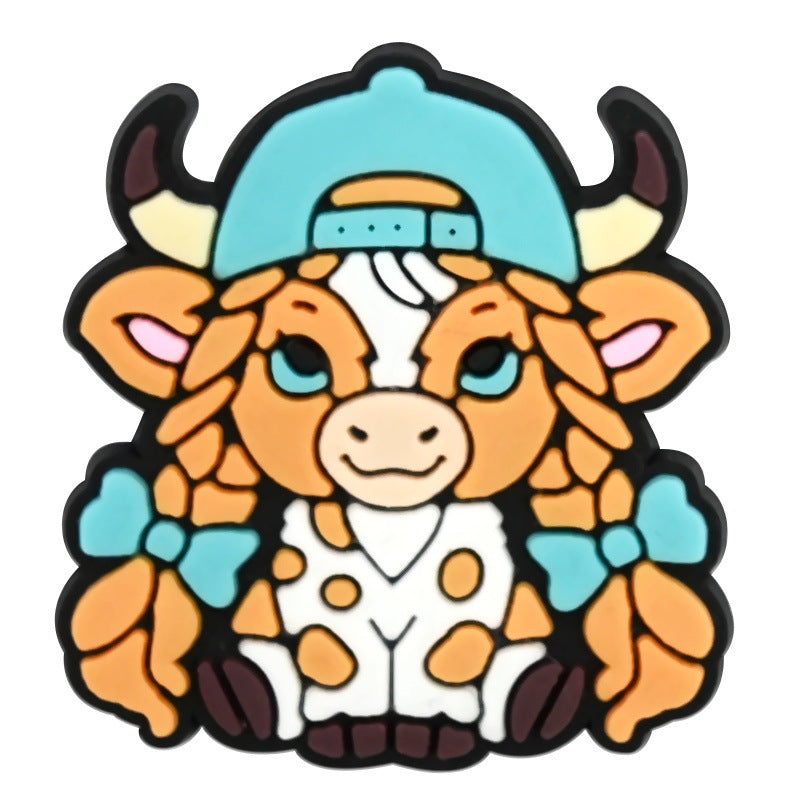 Wholesale  Random 100pcs Creative Cartoon Highland Cow Denim Series PVC Soft Rubber Shoe Buckle Decoration