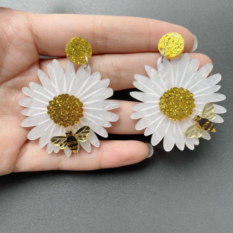 Wholesale Acrylic Sunflower Sunflower Chrysanthemum Bee Earrings ACC-ES-XueP040