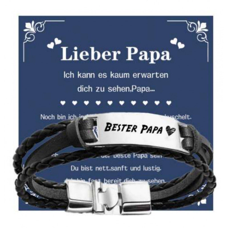 Wholesale Leather Steel Plate Bracelet,  Black Woven Steel Plate with Engraved Text,  Stainless Steel Tongue Clasp Leather Bracelet,  Three-Layer Leather Steel Plate Bracelet
