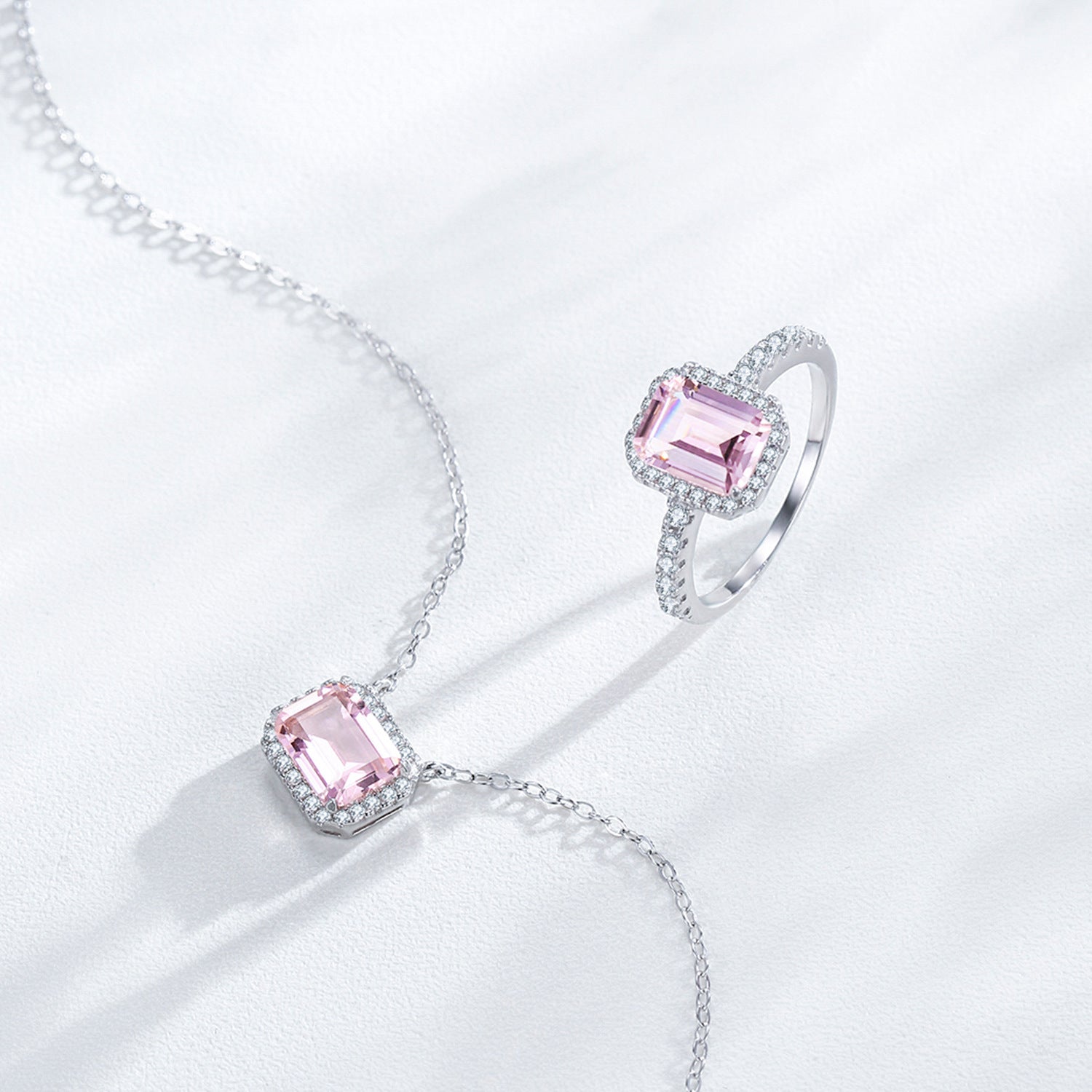 Wholesale S925 Sterling Silver Romantic Pink Small Square Sugar Earrings Necklaces