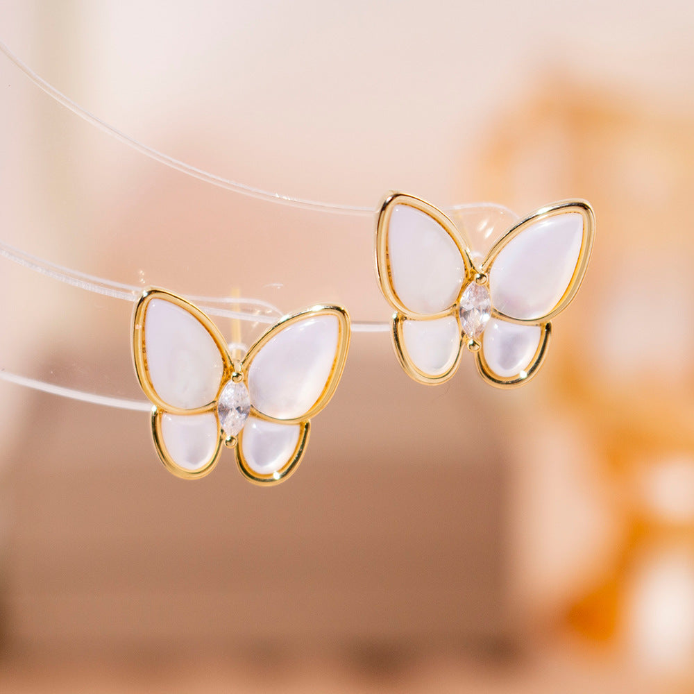 Wholesale Silver Needle High-grade Zircon Butterfly Pearl Earrings