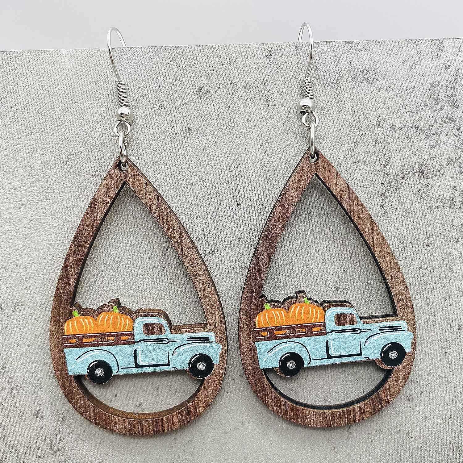 Wholesale  Thanksgiving Wooden Earrings Pumpkin Turkey Maple Leaf Print Drop Earrings