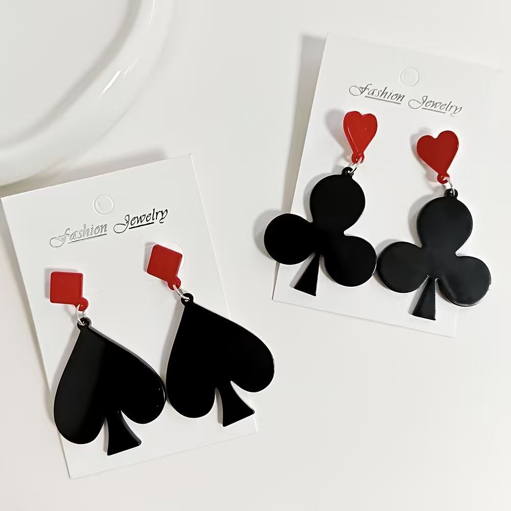 Wholesale Exaggerated Symmetrical Poker Tassel Earrings - Spades and Heart Acrylic Design,  Trendy Casino Party Jewelry