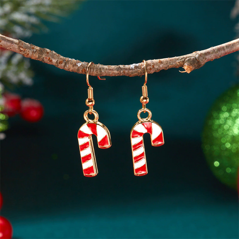 Wholesale Cartoon Christmas Striped  Cane Alloy Oil Drop Earrings