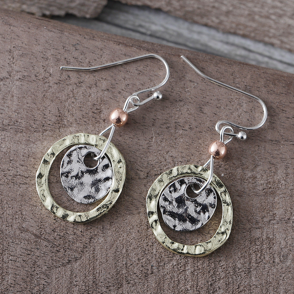 Wholesale Retro Coin Ring Overlapping Two-color Earrings
