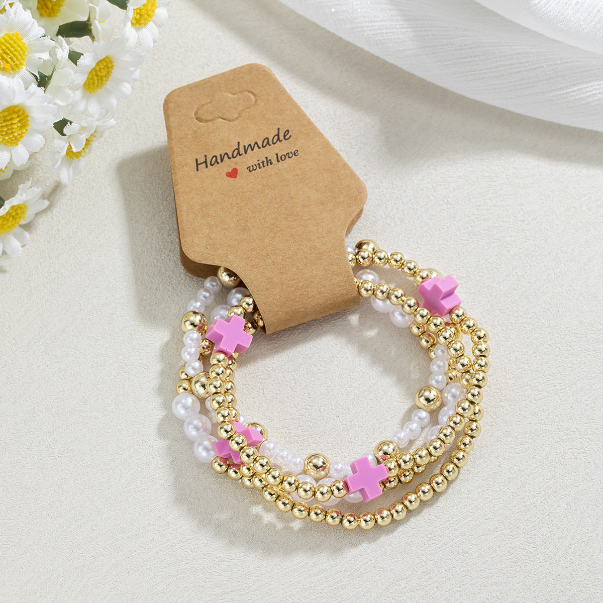 Wholesale  personality resin cross pearl  beaded elastic kraft paper bracelet