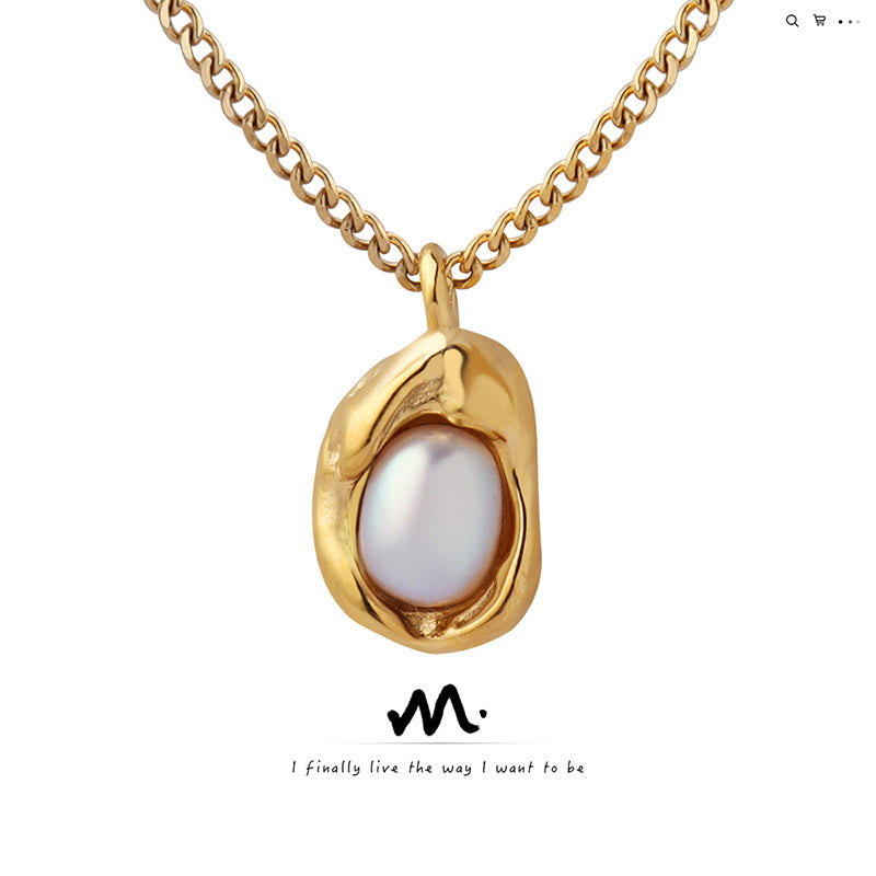 Wholesale European Fashion Cuban Chain Pearl Pendant Necklace - Titanium Steel Gold Plated,  Niche Design,  Jewelry Accessory for Boutique Resale