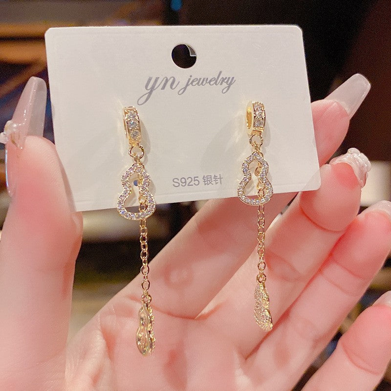 Wholesale S925 Silver Needle Long Micro-inlaid Gourd Tassel Earrings