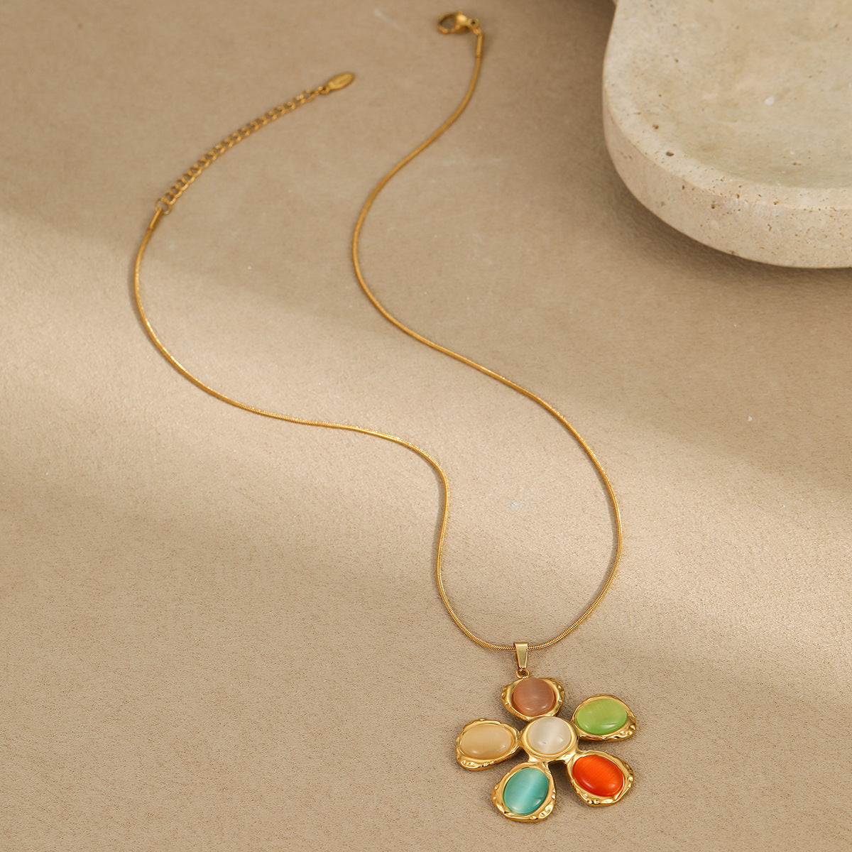 Wholesale 18K gold stainless steel  color cat's eye stone flower earrings necklaces