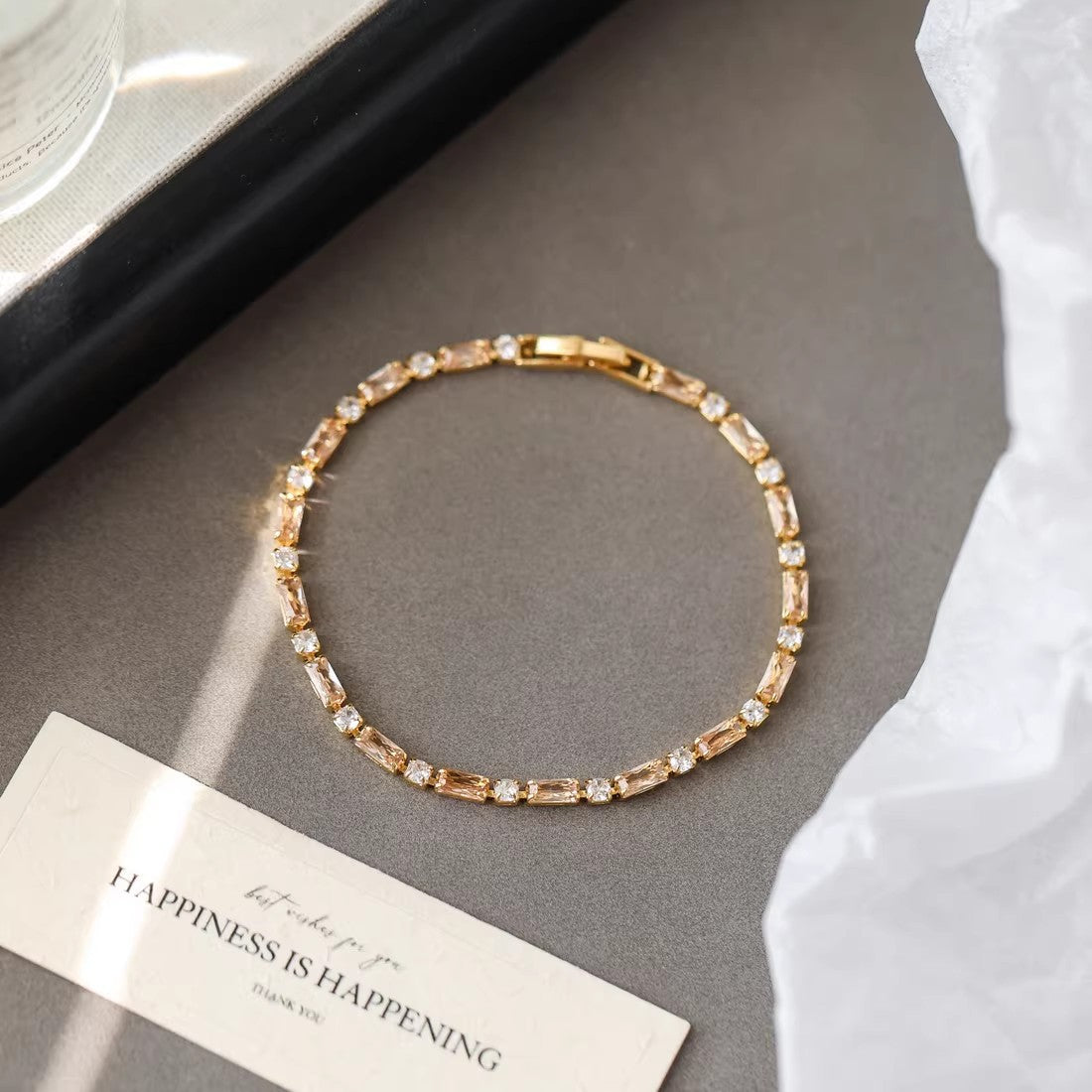 Wholesale Copper Plated Champagne CZ Square Bead Bracelet,  Trendy Geometric Jewelry Accessory for Everyday Wear