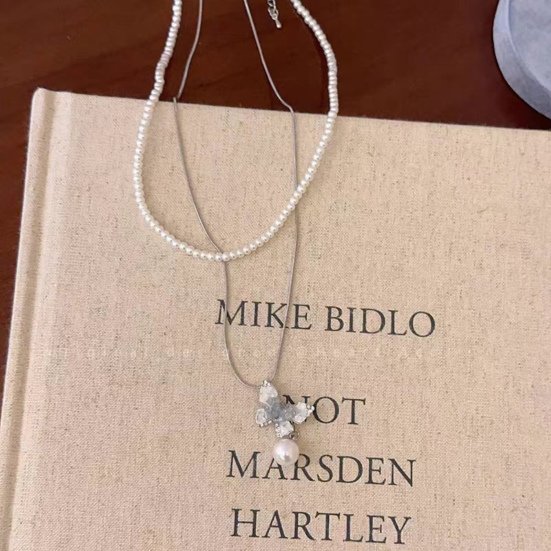 Wholesale Ice Crystal Gradient Pearl Butterfly Tassel Necklace