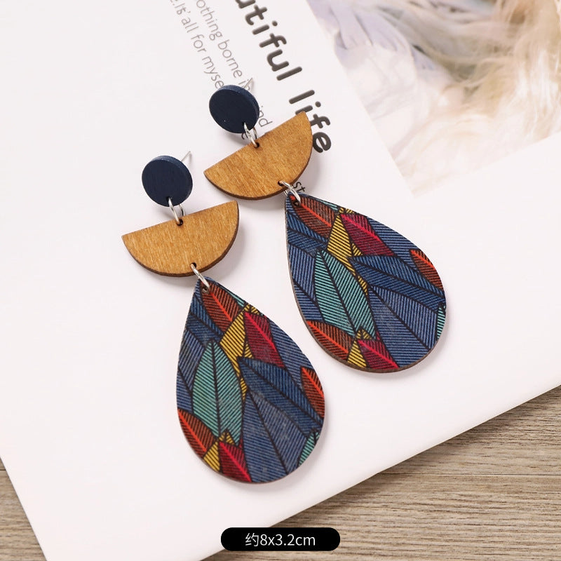 Wholesale Bohemian Wooden Ear Studs Geometric Stripe Ethnic Print Fashion Jewelry Accessory Boutique Gift