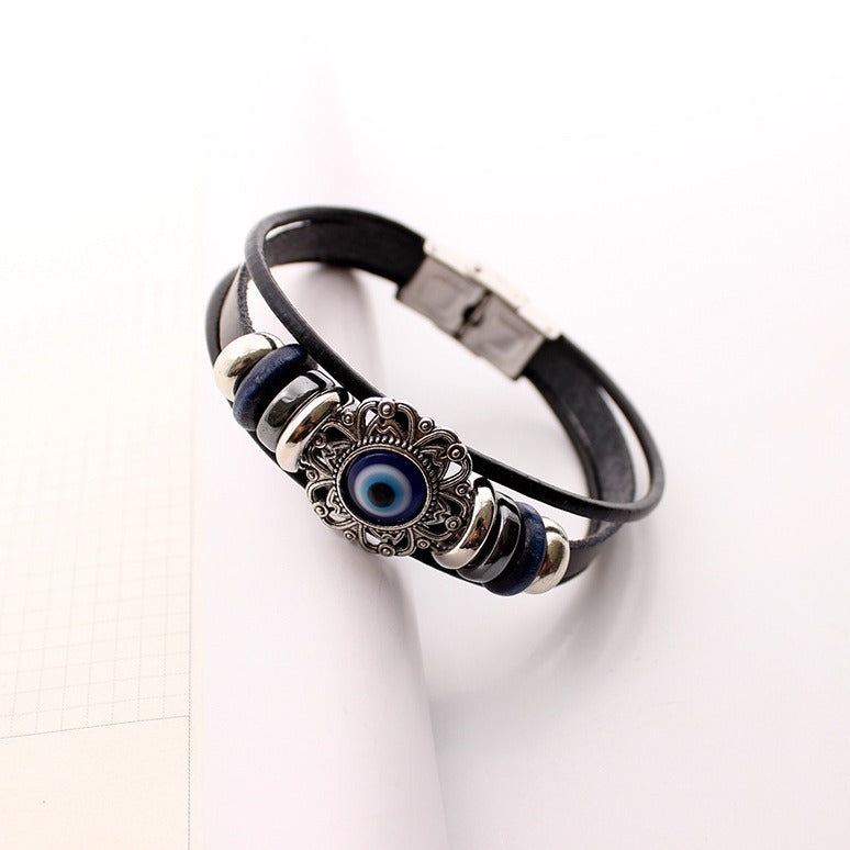 Wholesale European-American Style Blue Evil Eye Octagonal Flower Leather Cord Bracelet with Alloy Clasp,  Unisex Fashion Accessory