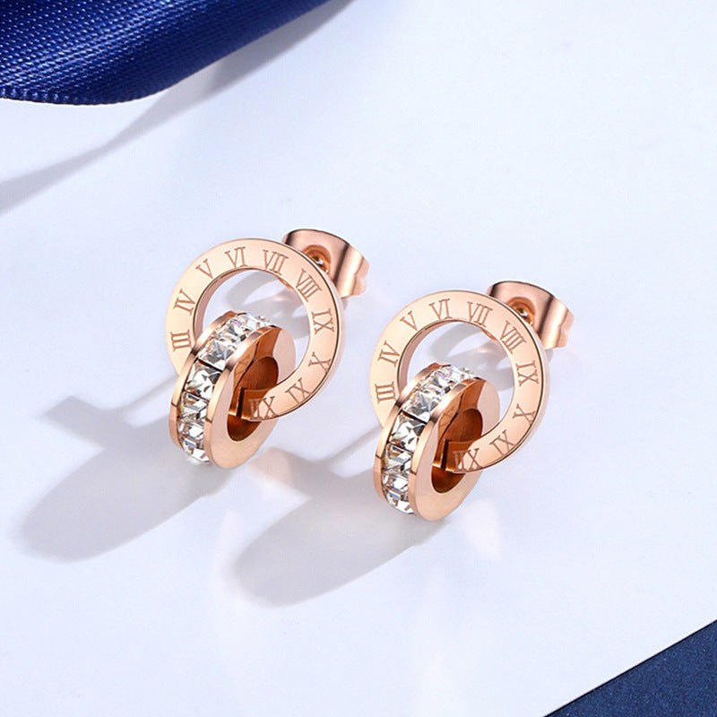 Wholesale Interlocking Double-Ring Earrings with Numbers Rose Gold Titanium Steel