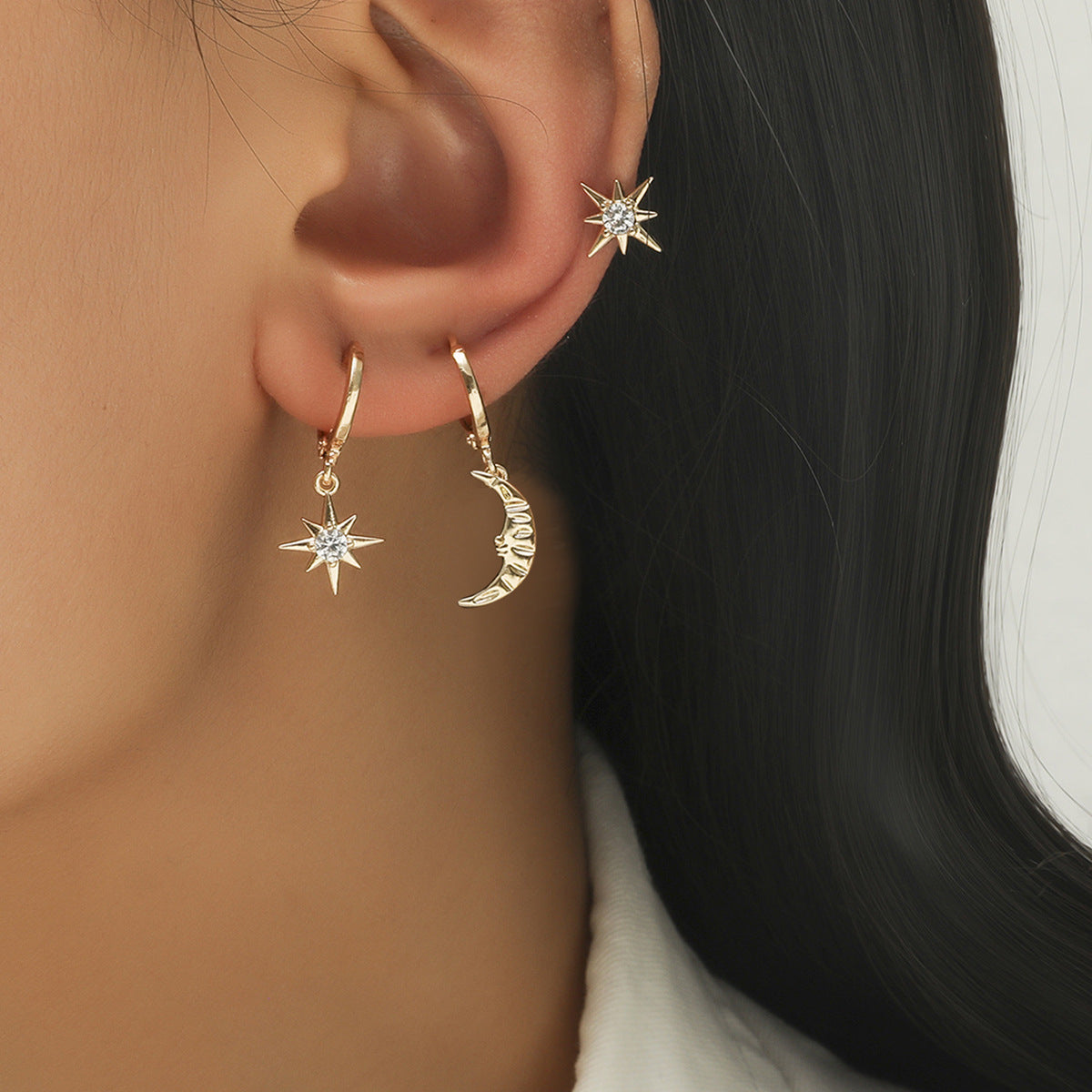 Wholesale Asymmetrical Star and Moon Earrings with Zircon Studs Blingbling Earrings Gold Plated Earrings