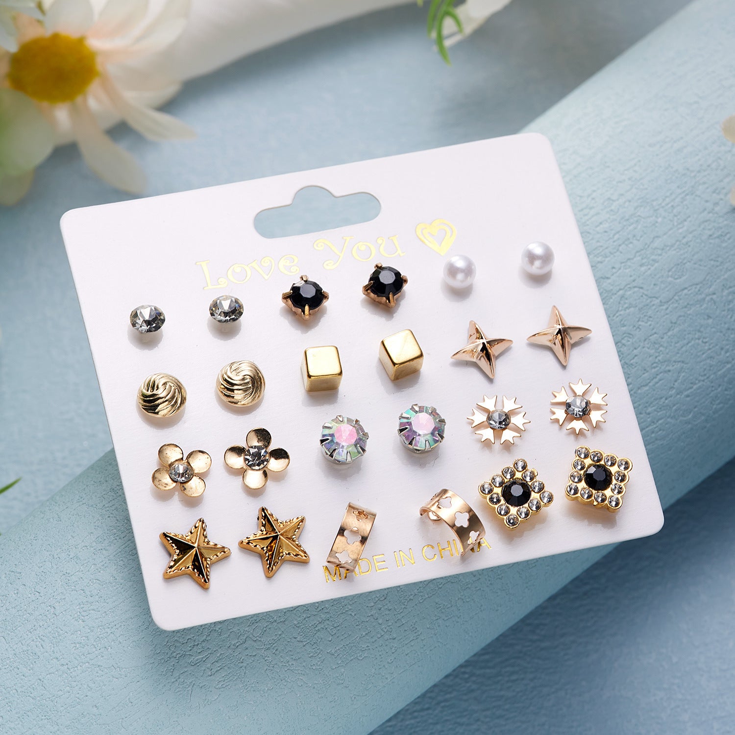 Wholesale month combination earrings 12 pairs of flowers love stars and moon diamond  earrings suit