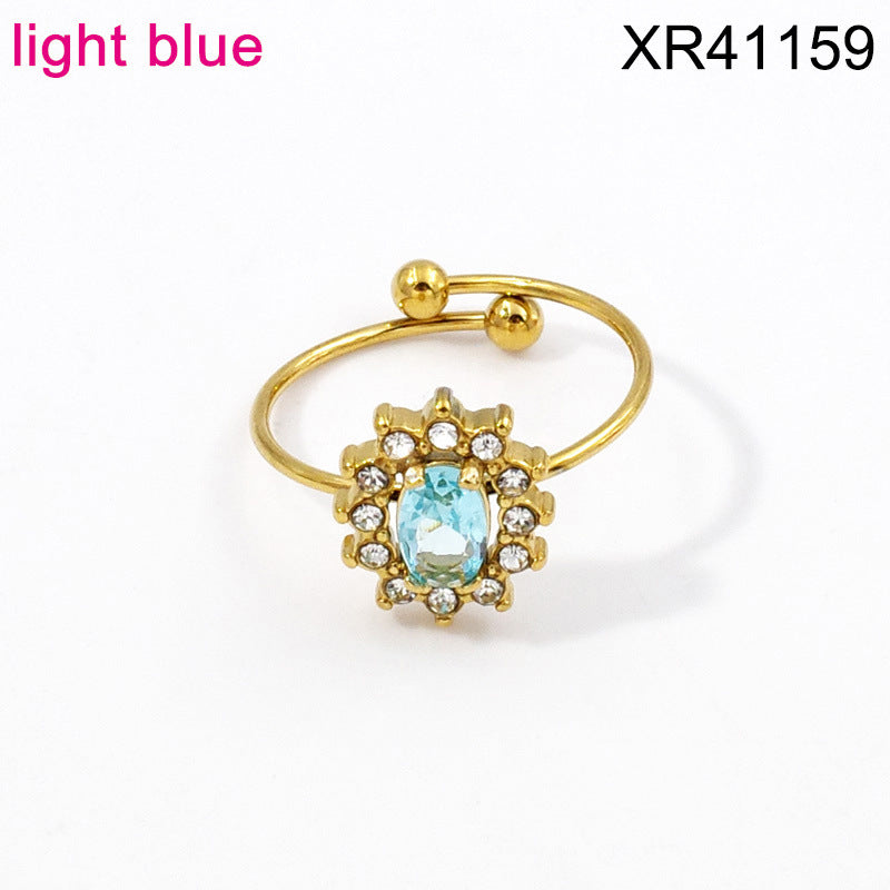 Wholesale Adjustable Flower Design Stainless Steel Open Ring with Colored Gemstones Fashion Jewelry Accessory