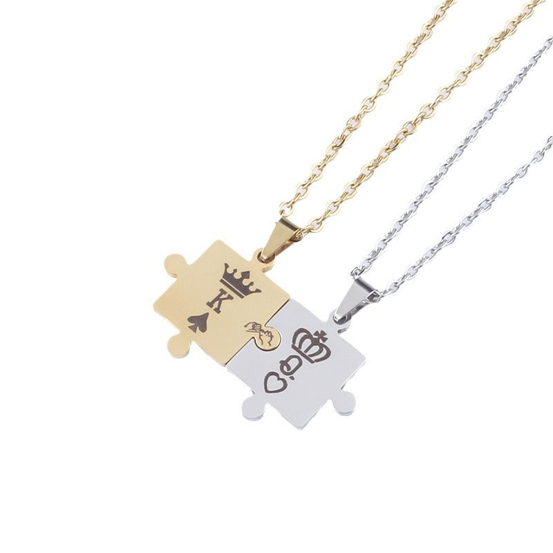 Wholesale  Stainless Steel Jewelry Splicing King Queen Crown Necklace