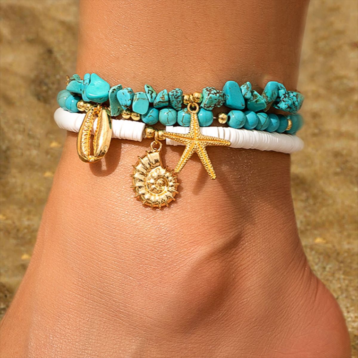 Wholesale  Shell Rice Beads Turquoise Stone Anklets