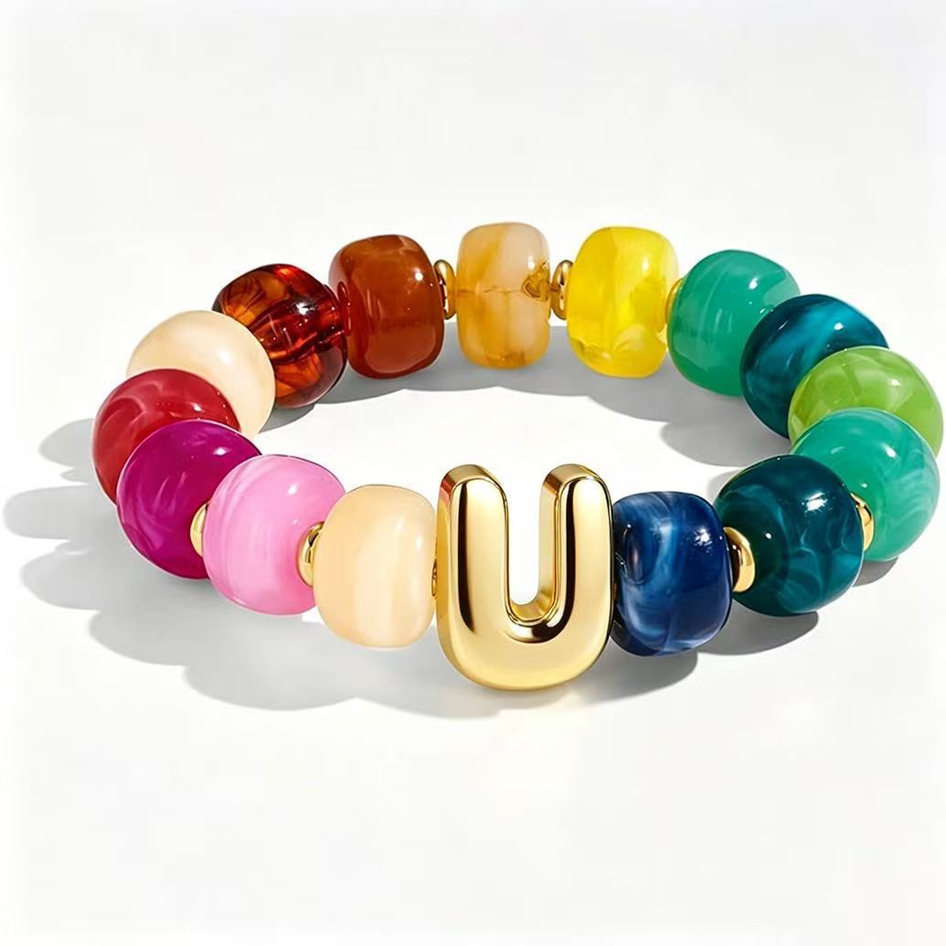 Wholesale 2026 Amazon Cross-Border Colorful Beaded 26 Letter Bracelet for Women,  Resin,  Fashionable and Unique,  High Elasticity Bracelet