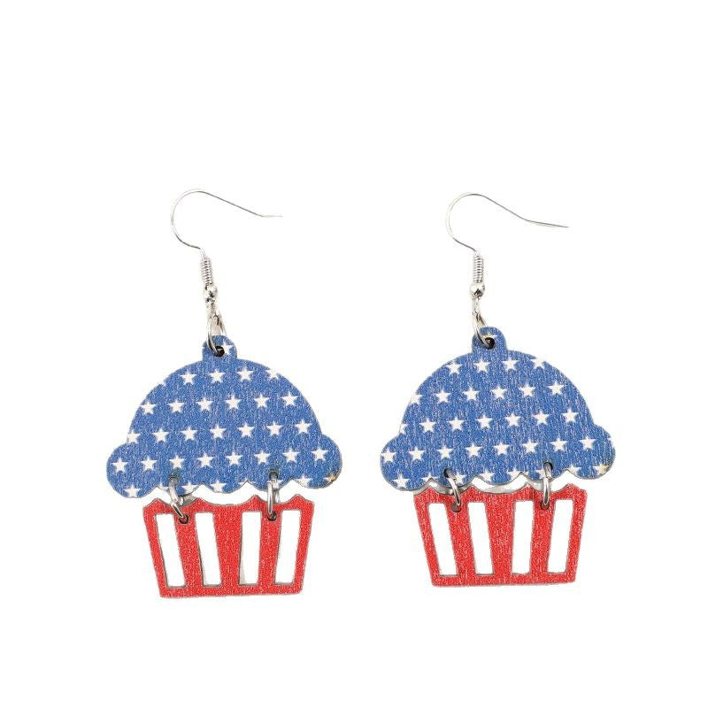 Wholesale American Independence Day Hollow Cake Five-pointed Star Wooden Vintage Earrings