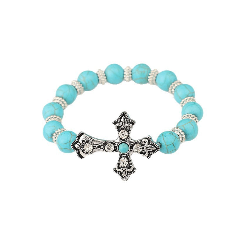 Wholesale Retro Carved Cross Blue Turquoise Bracelet Women Western Cowboy Style Alloy Jewelry Accessory