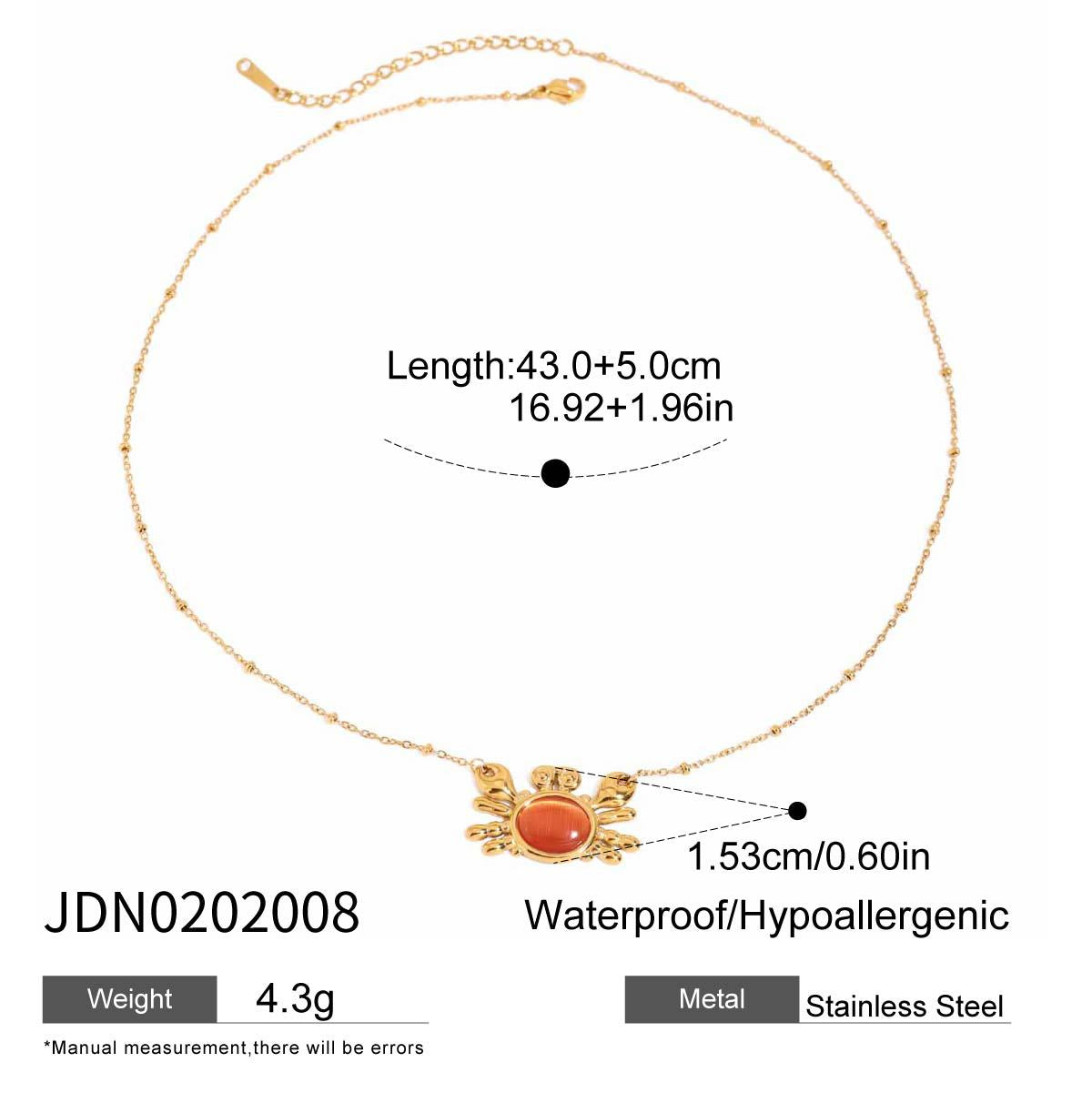 Wholesale 18K gold stainless steel red cat eye crab pendant chain necklace