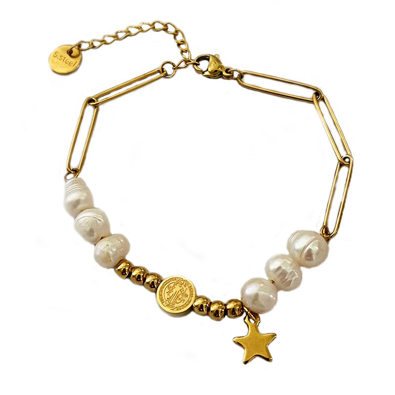 Wholesale stainless steel natural pearl five-pointed bracelet
