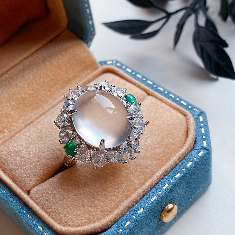 Wholesale Natural Ice Transparent Green Chalcedony Gray Agate White Jade Full Diamond Open Rings ACC-RS-KaLuoqi001