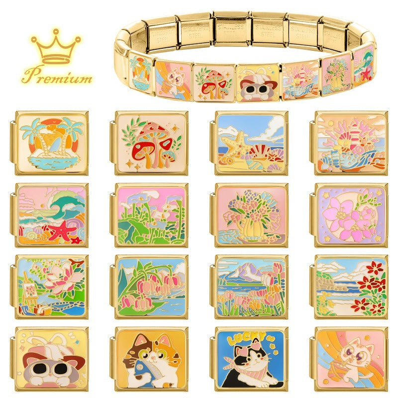 Wholesale Cute Cat Landscape DIY Modular Charm Bracelet Stainless Steel Gold Base Jewelry Accessory