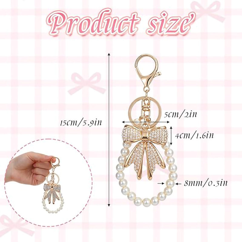 Wholesale Black Zinc Alloy Handmade Cute Korean Style Bow Rhinestone Pearl Bead Car Keychain Phone Chain Bag Charm Gift