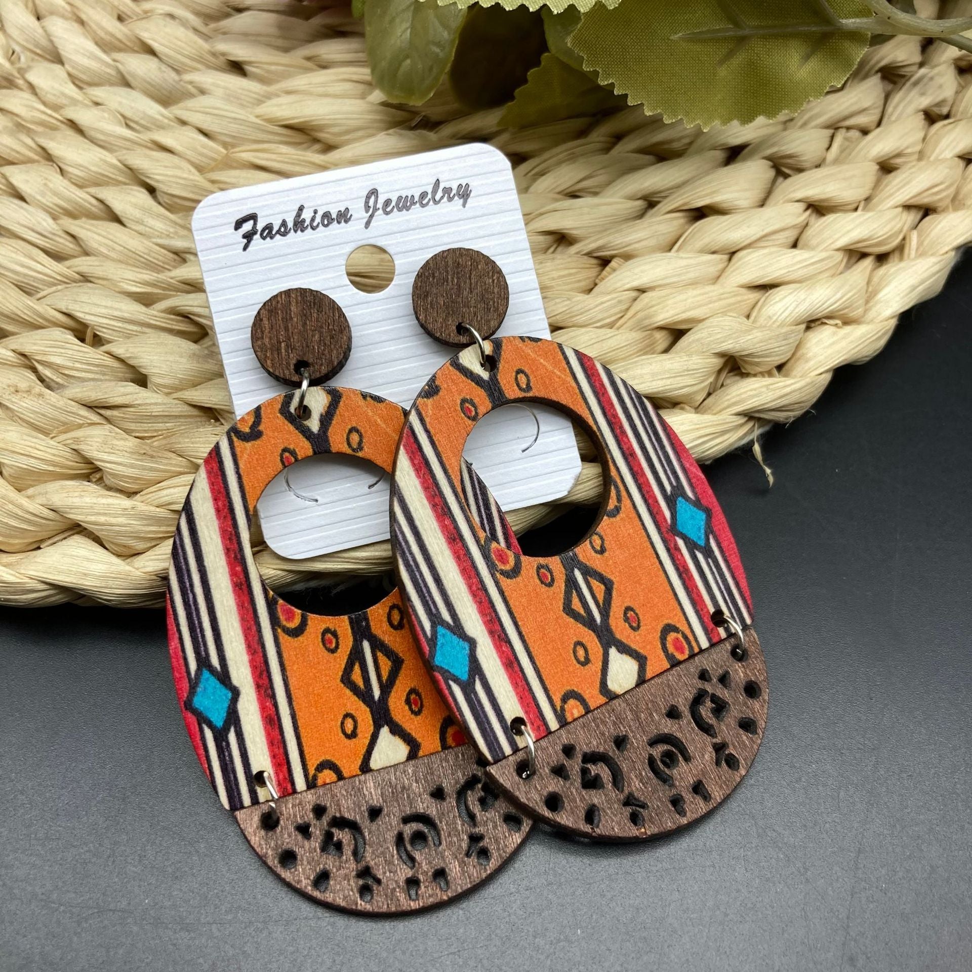 Wholesale Vintage Bohemian Oil Painting Series Wooden Hollow Long Earrings ACC-ES-FX022