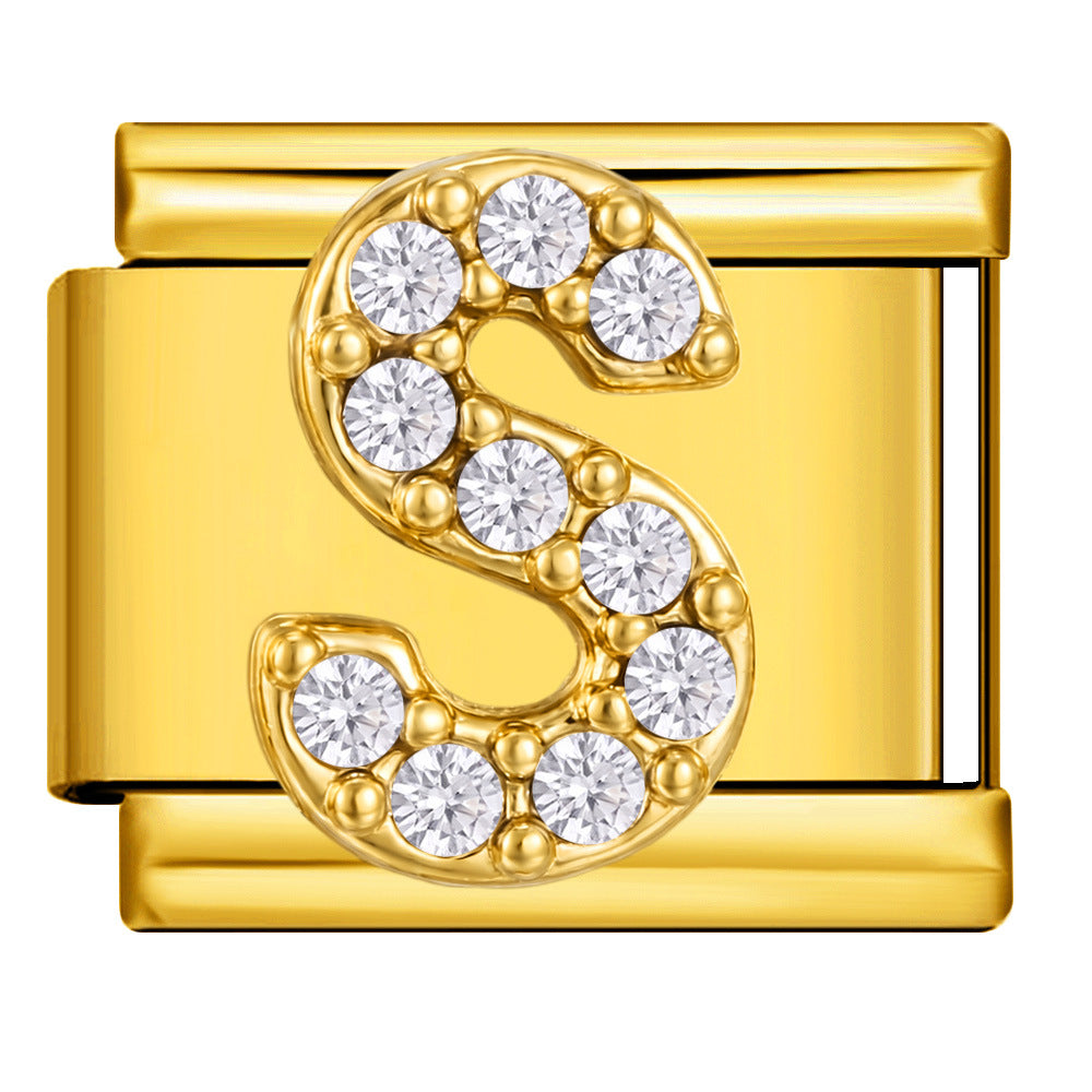 Wholesale Fashion Italian Style DIY Letter Modular Bracelet Stainless Steel Gold Tone Rhinestone Jewelry Accessory For Boutique Resale