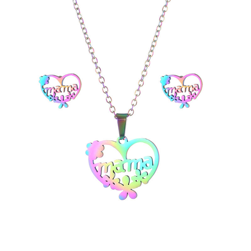 Wholesale Titanium Steel Electroplated Color MAMA Pendant Stainless Steel Earrings Necklace Set Mother's Day ACC-ES-MinM018
