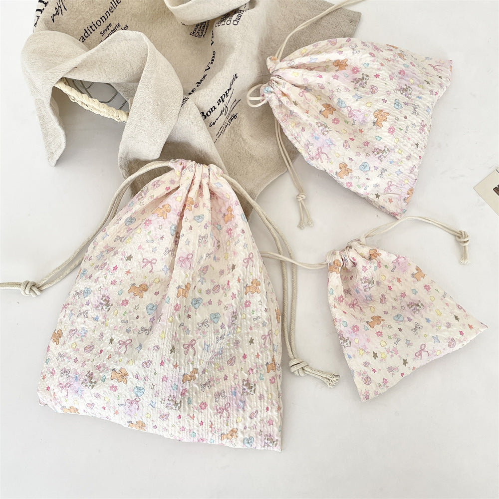 Wholesale Trendy Cartoon Embossed Drawstring Makeup Pouch Small Polyester Cosmetic Storage Bag Dustproof Portable Organizer Fashion Accessory