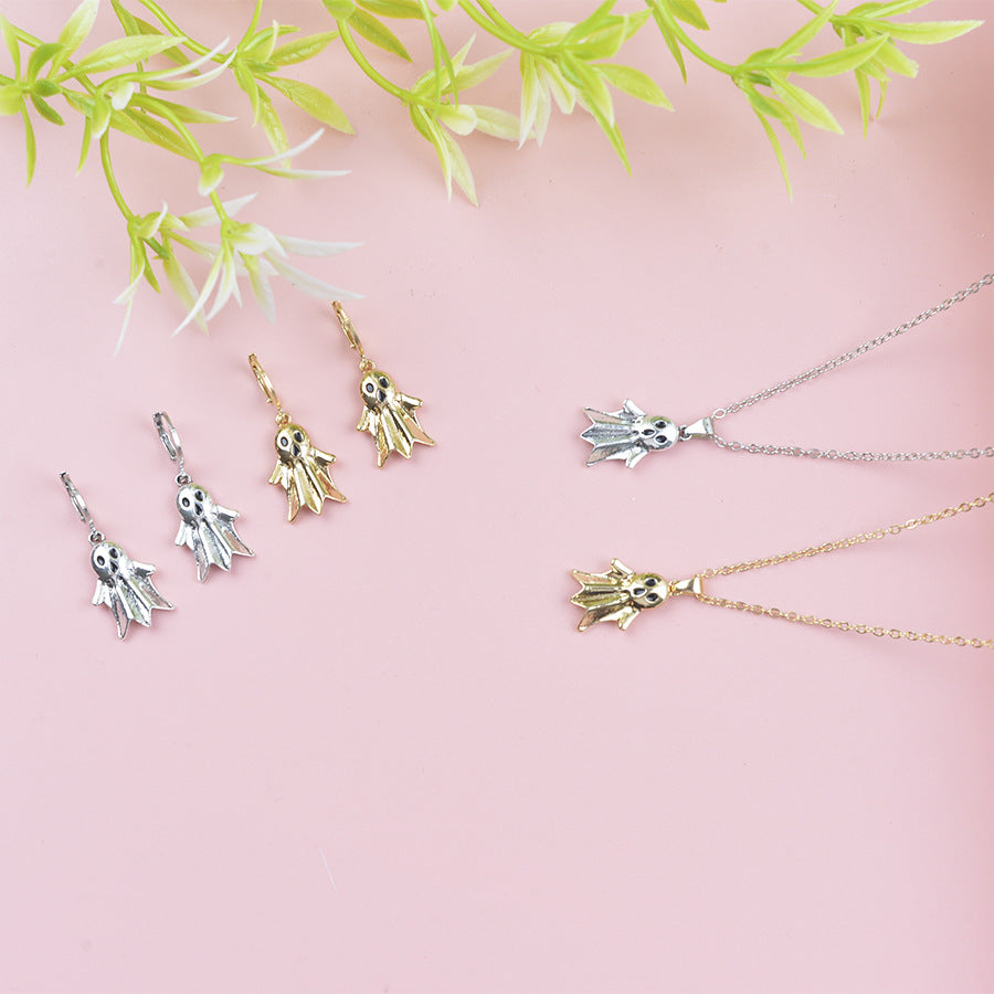 Wholesale  Ghost Pendant Earrings Necklace Set In Gold Zinc Alloy Party Fashion Accessory