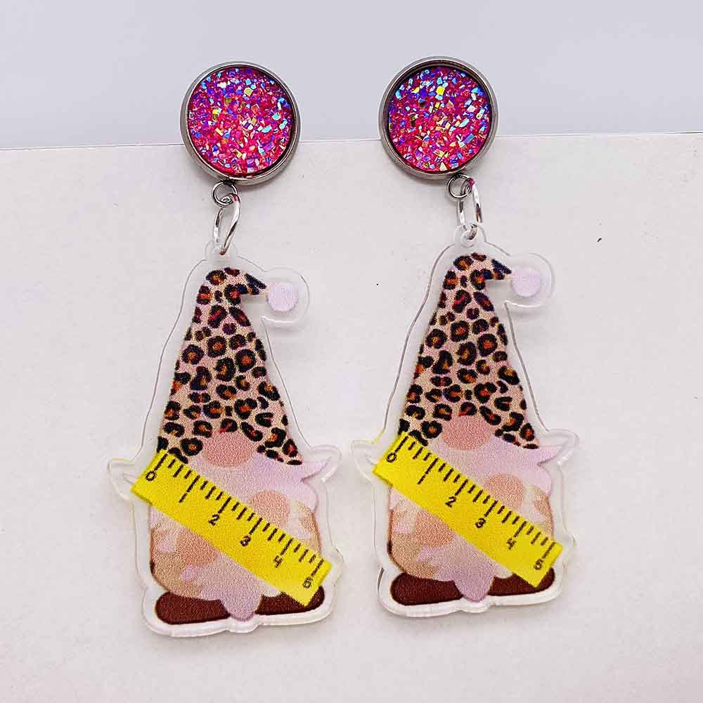 Wholesale Teacher' s Day Leopard Print Pencil Ruler Acrylic Earrings
