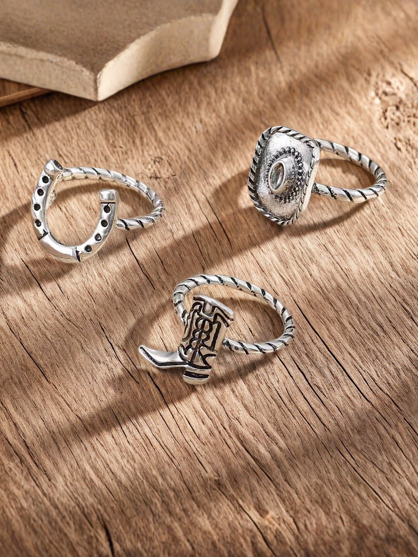 Wholesale Retro Western Cowboy Ring Set For Women Antique Silver Alloy Chic Everyday Jewelry