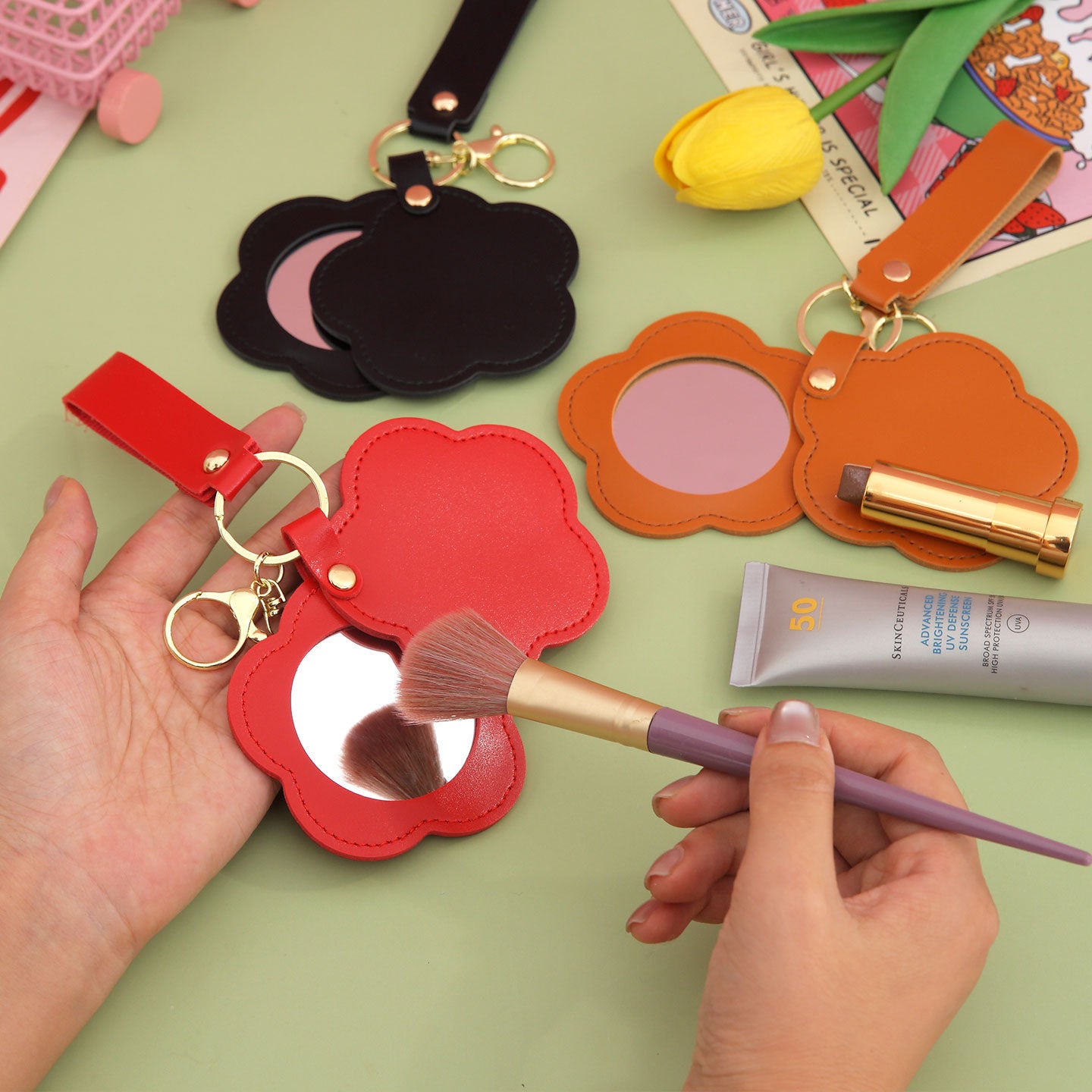 Wholesale PU Leather Flower Mirror Keychain - Decorative Bag Accessory,  Gift for Women