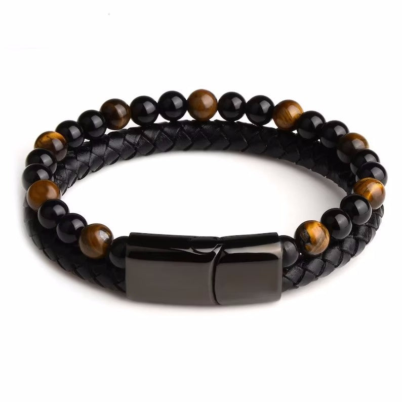 Wholesale Alloy Leather Rope Natural Stone Bracelet Double Layer Tiger Eye Stone Volcanic Stone Beaded Bracelet ACC-BT-YunJin005