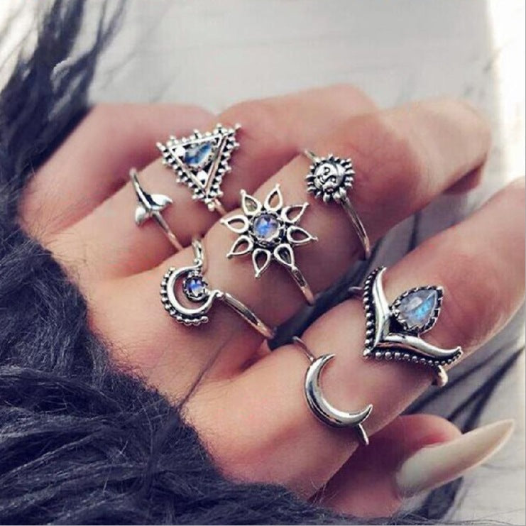Wholesale Vintage Bohemian Holiday Style Metal Crystal Rings Set