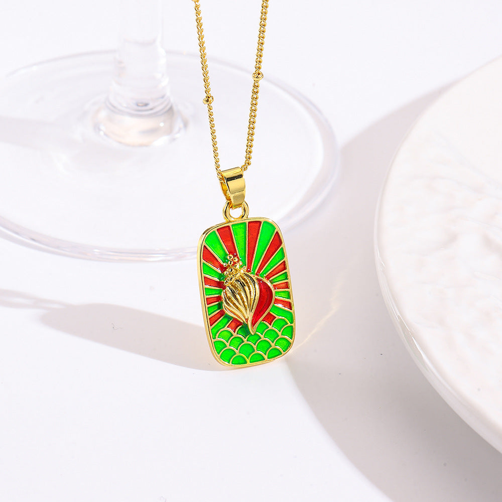 Wholesale square color dripping copper love conch shell eye moon jellyfish tarot pendant necklace