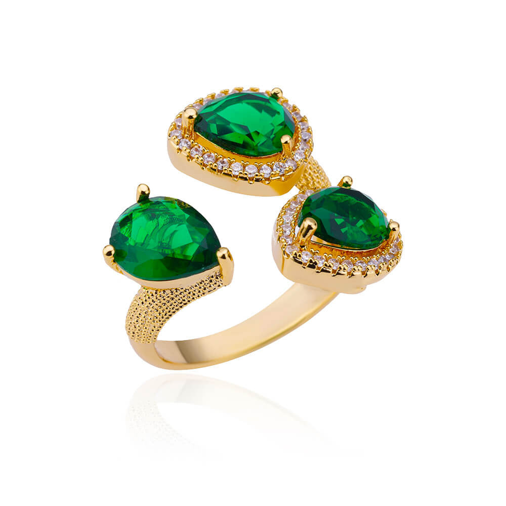 Wholesale Cross-border Light Luxury Retro Style Green Zircon Open Ring 18K Gold Plated Emerald High-grade Finger Ring Jewelry