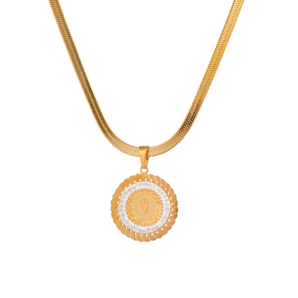 Wholesale Retro Printed Diamond Portrait Round Titanium Steel Necklaces Bracelet Earrings ACC-NE-Qiyun003