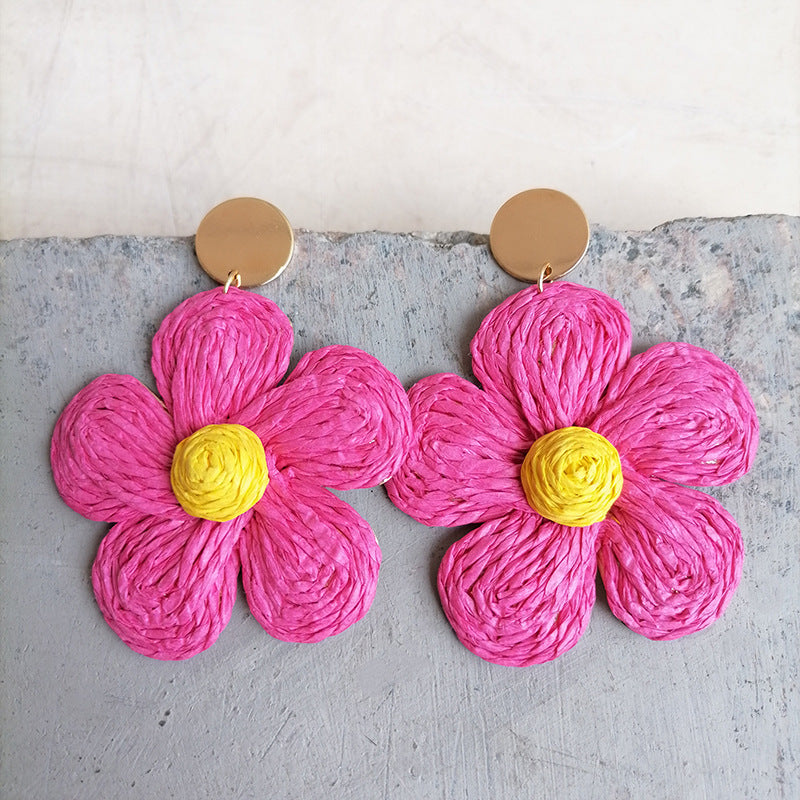 Wholesale 2 Pairs/pack Bohemian Rattan Raffia Colorful Flower Earrings ACC-ES-HY091