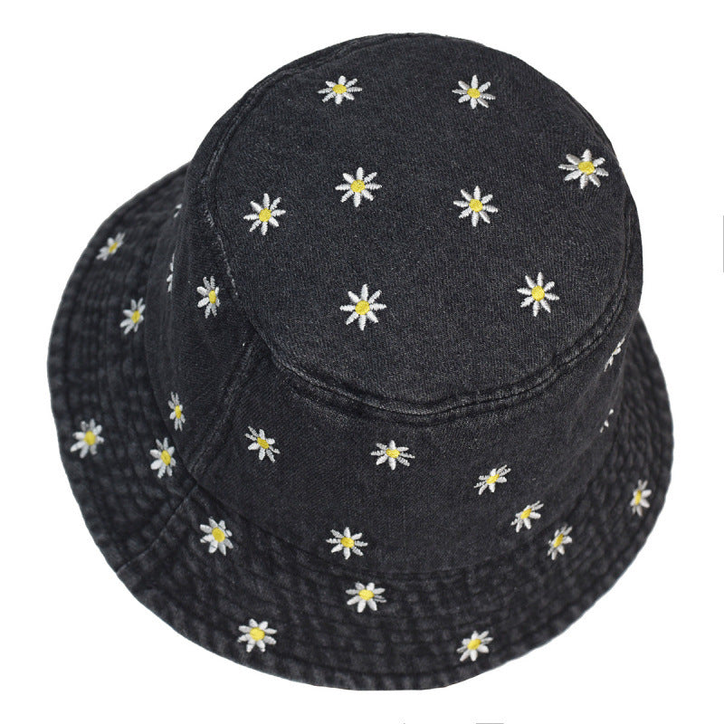 Wholesale Daisy flower bucket hat vintage distressed denim bucket hat