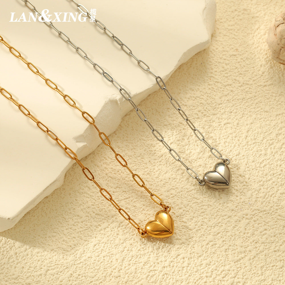 Wholesale Stainless Steel Heart Pendant Paper Clip Chain Necklace for Women Fashion Jewelry Accessory