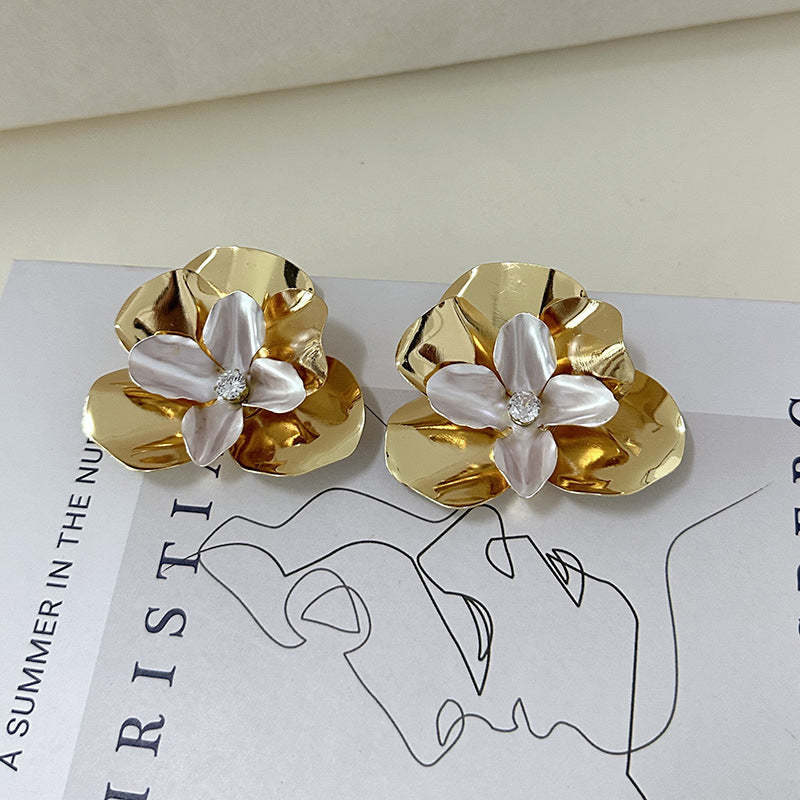 Wholesale  Retro  Metal Bright Pleated Double-layer Three-dimensional Petal Flower Earrings