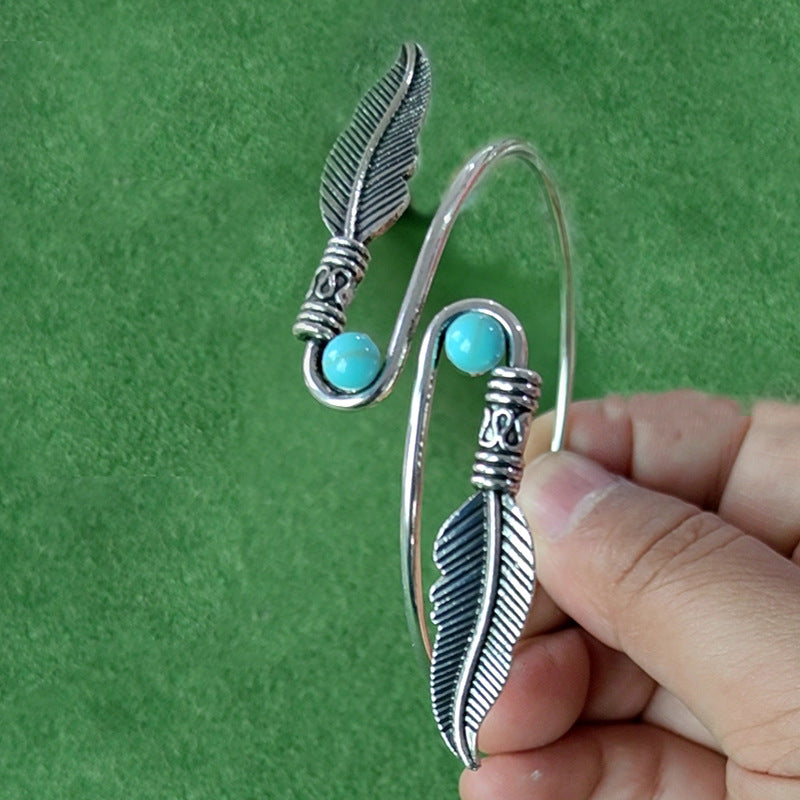 Wholesale Metal Electroplated Bohemian Feather Adjustable Turquoise Bracelet Jewelry Accessory Gift